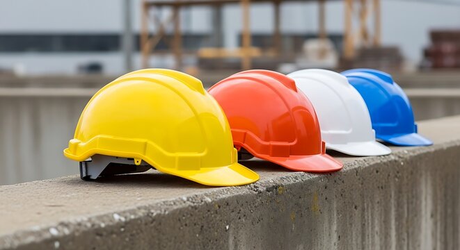 Colorful construction hard hats on metal surface