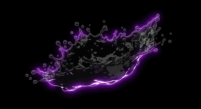 Abstract dark liquid splash with vibrant purple neon glow and sparkling bubbles on a deep black background, creating an energetic and futuristic visual effect.