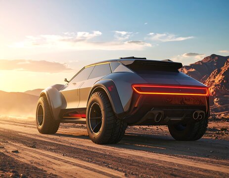Futuristic Electric Car on Desert Road.