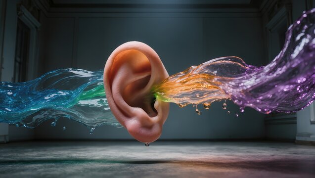 Surreal Image of a Human Ear with Vibrant Colorful Smoke or Liquid Flowing Out