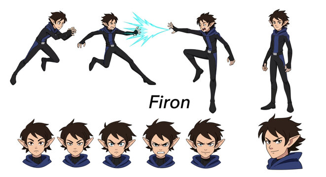 Firon character sheet showcases diverse action poses and facial.