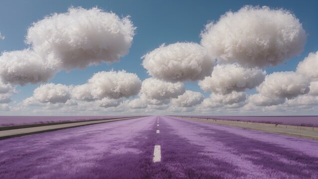 Surreal Landscape of a Purple Road Heading into the Horizon with Low Clouds