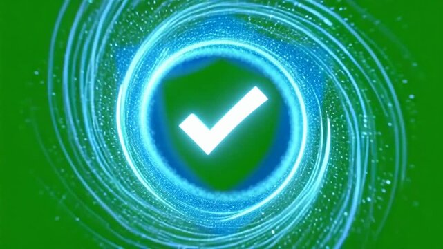 Sparkling blue digital shield with check mark animation, glowing web security icon for safe, protected, reliable, confident
