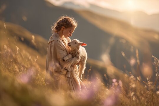 a shepherd tenderly holding a soft white lamb in his arms, his face expressing love, tenderness and compassion.