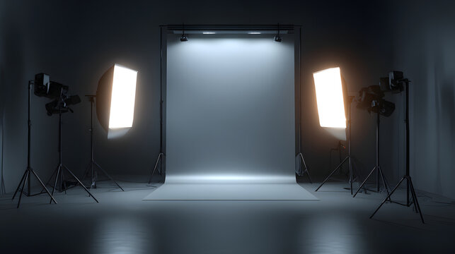 Studio lighting setup with glowing edges empty photo backdrop and softbox lights illuminating seamless paper background minimal photography studio with tripods and stands creating dramatic cool