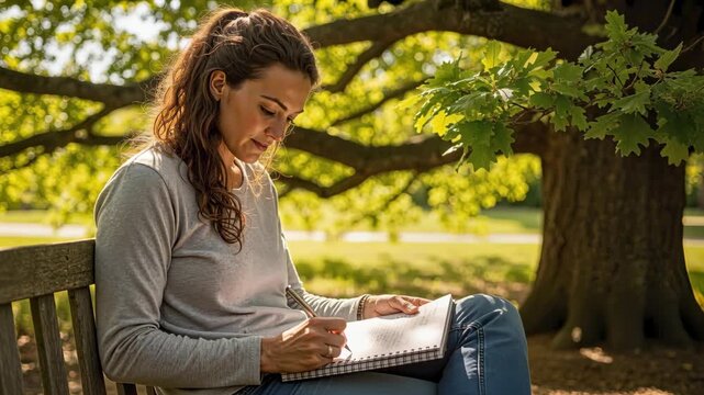 Woman writing in a notebook on a wooden park bench. Focused female in nature with sunlight filtering through trees. Personal reflection and creative activity