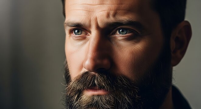 Close-up portrait of a man with a full beard, intense blue eyes, and serious expression