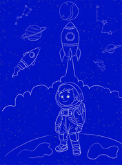 Fototapeta premium Cute Child Astronaut Standing on Planet with Rocket and Stars — Blue Space Night Scene Illustration