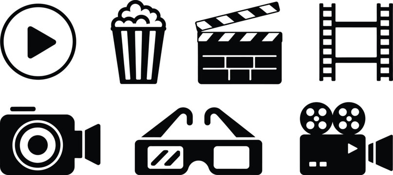 Film, cinema, movie icons, video production symbols, black and white vector graphics