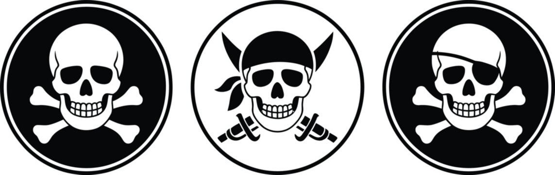 Skull crossbones pirate flags symbols vector, classic Jolly Roger emblem set for nautical themes, adventure branding, danger warning icons and pirate flag design elements.
