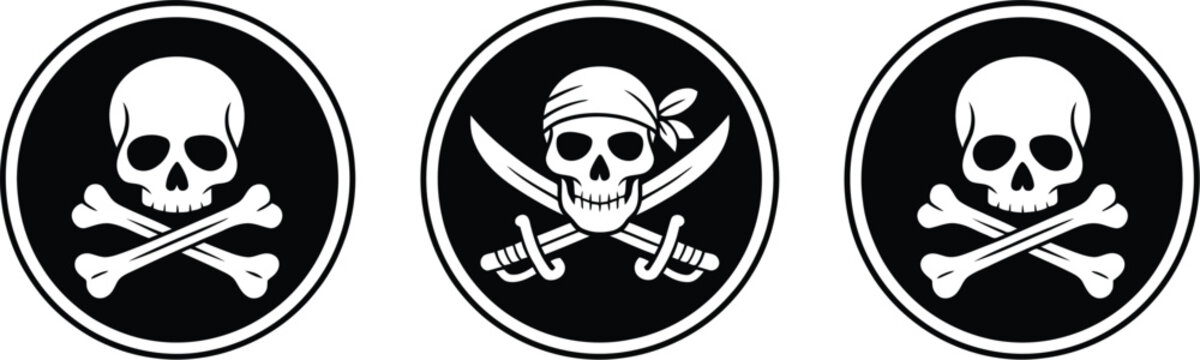 Skull crossbones pirate flags symbols vector, classic Jolly Roger emblem set for nautical themes, adventure branding, danger warning icons and pirate flag design elements.