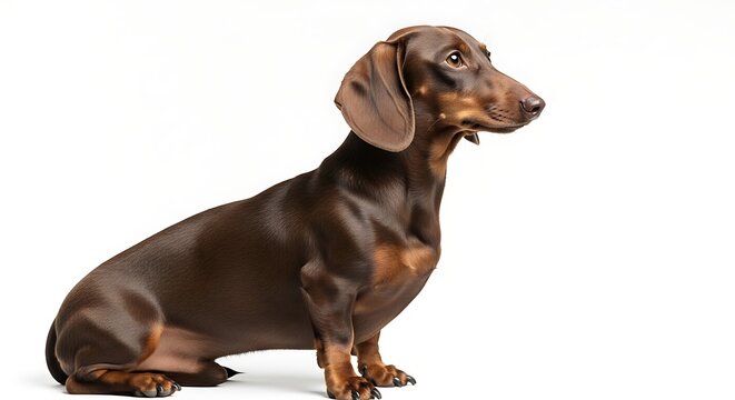 Brown dachshund dog sitting profile isolated on white background studio portrait cute pet companion.