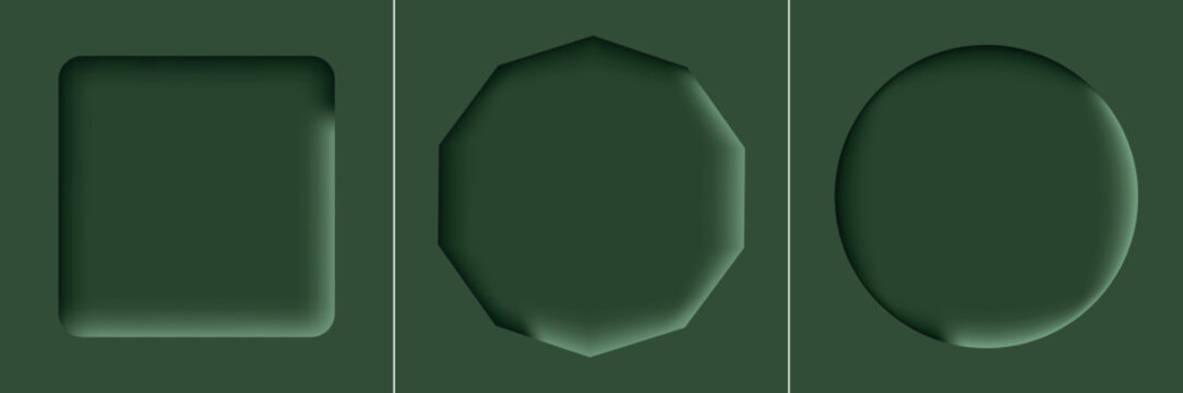 A collection of three geometric shapes including a square an octagon and a circle all featuring a recessed inner shadow effect. The design is rendered in a monochromatic dark green palette providing.
