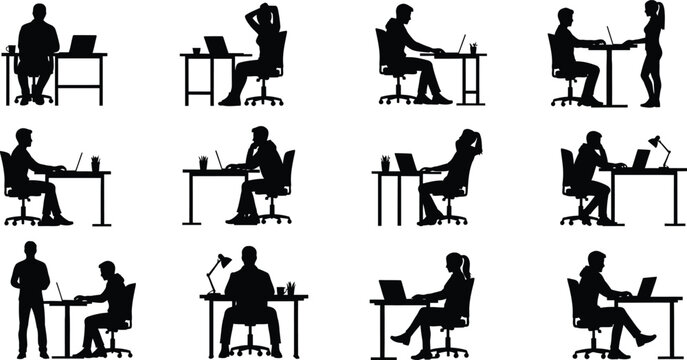 Silhouette people working at desks with laptops isolated on white background, Vector