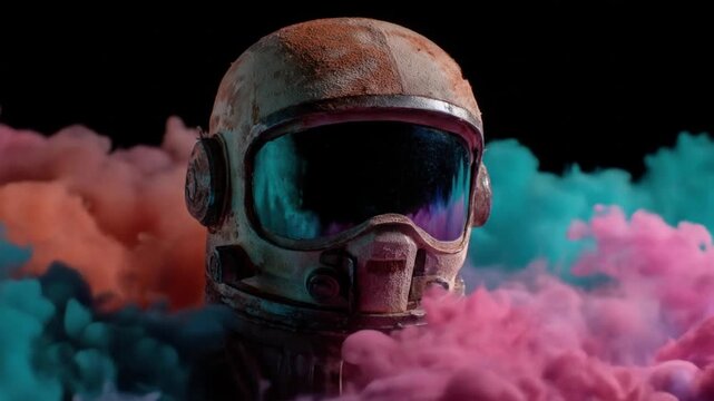 A weathered space helmet surrounded by colorful, billowing smoke against a black background