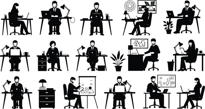 Professionals working at modern office desks isolated on white background, Vector
