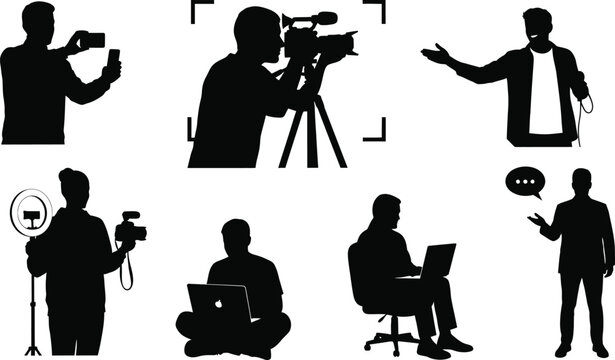 Silhouettes of people in media and interview scenes isolated on white background, Vector