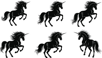 Collection of black unicorn silhouettes rearing up with flowing manes isolated on white background for magical fantasy graphic design elements © Juwel