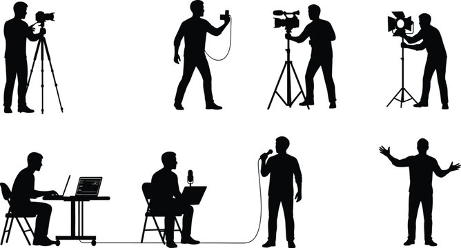 Silhouette people working with video production equipment isolated on white background, Vector