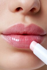 Naklejka premium Close-up of natural female lips applying lip balm with a pink tint, showcasing smooth texture and shine against a neutral background