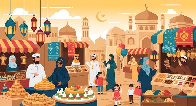 People shopping at a busy outdoor middle eastern street market during ramadan with colorful lanterns sweets goods and traditional architecture in the background on a sunny day