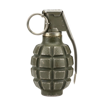 Olive green pineapple hand grenade with metal pull ring isolated on a transparent background