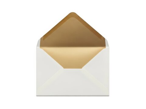 Open white envelope with gold metallic lining isolated on white background