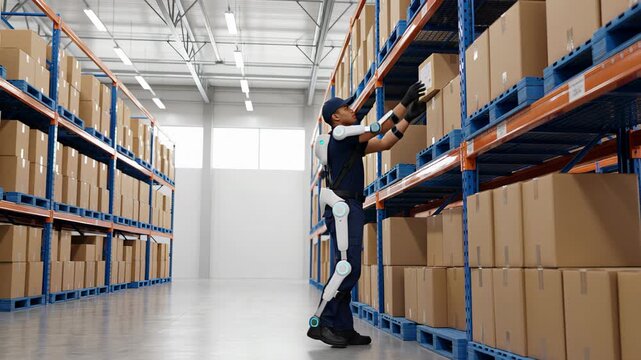 Futuristic warehouse worker wearing a powered exoskeleton suit for enhanced strength and endurance, lifting a heavy cardboard box from a high shelf in a modern logistics and distribution center