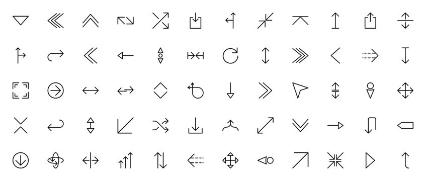 Arrows icon set. Vector arrow collection. Includes down, up, left, right, double, diagonal, chevron, download, upload, move, shuffle and more. Editable stroke.