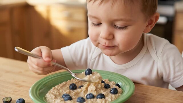 Adorable little boy enjoying a healthy breakfast, eating oatmeal porridge with fresh blueberries from a green bowl with a spoon, sitting at a wooden table in the kitchen at home