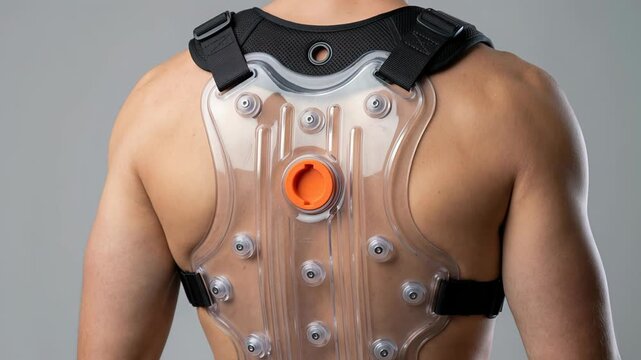 Athletic man's back view while wearing an innovative transparent exoskeleton for spinal support, rehabilitation, and physical therapy, showcasing future medical technology on a grey background