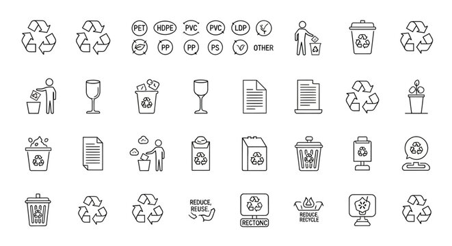 Recycling and waste management icons set in thin line style