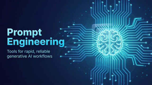 Futuristic animation illustrating prompt engineering and generative ai workflows, with a glowing brain icon on a cpu and expanding digital connections on a circuit board background