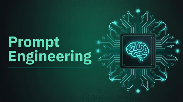 Futuristic animation showing the text prompt engineering next to a glowing microprocessor with a brain icon, symbolizing artificial intelligence, deep learning, and neural network concepts