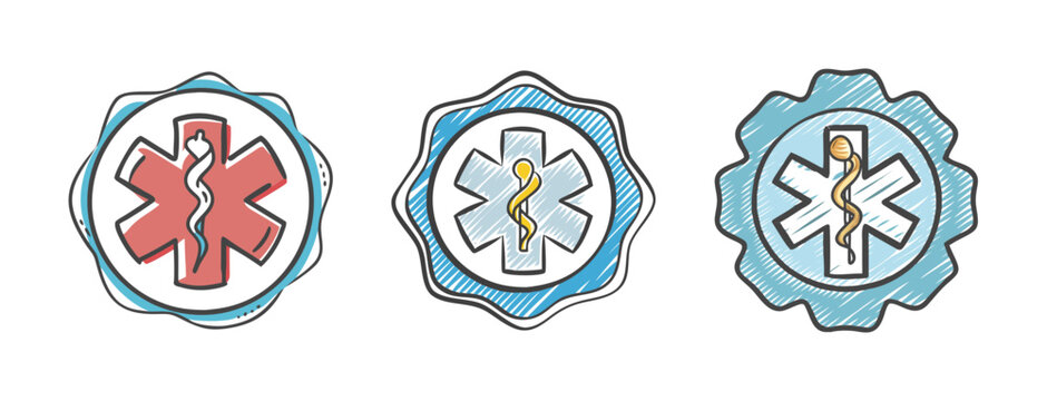 Set of three hand-drawn paramedic star of life badges in red, blue, and teal.