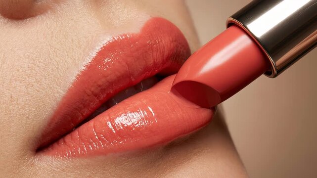 Extreme close up of a woman applying glossy coral lipstick to her full lips, enhancing their shape and color for a perfect, glamorous finish, showcasing a professional makeup application