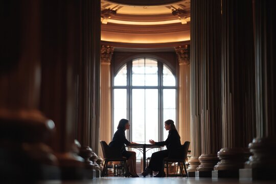 Legal advice meeting in courtroom lobby