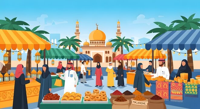 People shopping at a busy traditional middle eastern bazaar market with colorful stalls and a grand mosque building in the background on a bright sunny day in an ancient city street