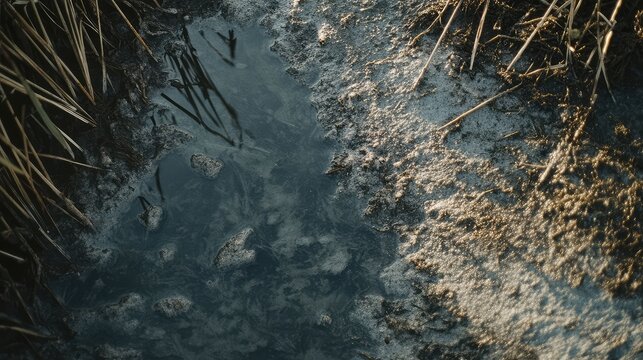 Dirty water and frozen mud in nature