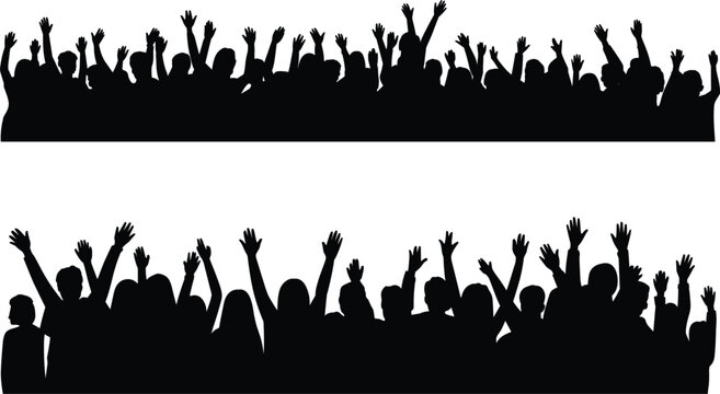 Crowd silhouettes cheering people, audience raising hands concert party celebration vector illustration banner set