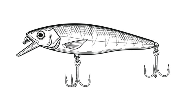 Detailed black and white sketch shows a classic minnow shaped fishing lure with a diving lip and two treble hooks for professional sport fishing.