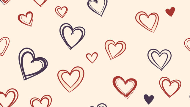 Charming seamless pattern featuring various hand drawn heart doodles in red purple and blue on cream background.