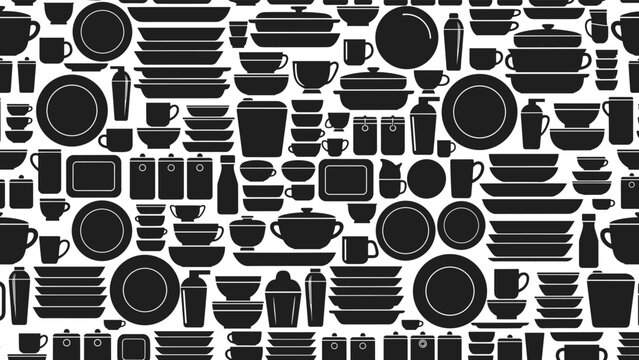 Crowded seamless pattern of various black kitchenware silhouettes including plates bowls mugs and containers.