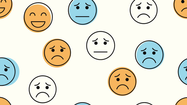 Colorful seamless pattern of diverse emoji faces showing happy sad and neutral expressions in orange blue and white.