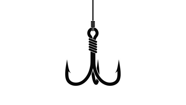 Black silhouette of a triple fishing hook hanging from a vertical line on a white background for angling and tackle designs.