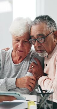 Doctor, hug and tablet with old couple in office for terminal diagnosis, support and healthcare. Medical, help and comfort with senior patient in clinic for advice, trust and online cancer result