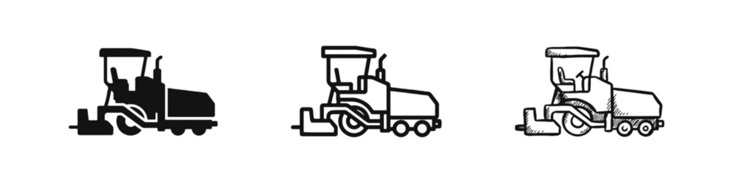 Asphalt paver construction machinery icons in solid, outline, and hand-drawn styles for industrial concepts.