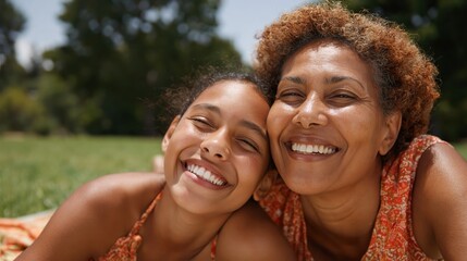 Naklejka premium Joyful Black grandmother and granddaughter share a happy moment outdoors on a sunny day