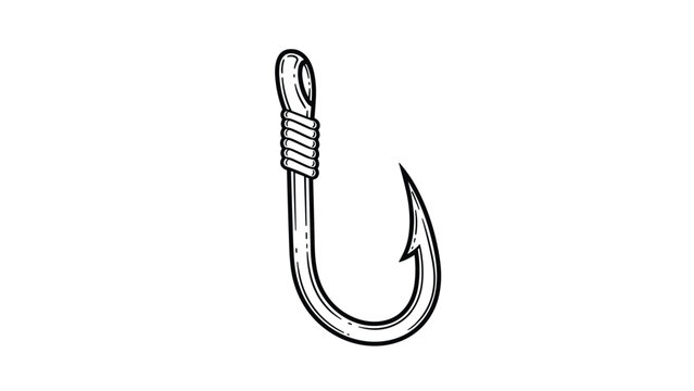 Black and white line drawing of a single sharp fishing hook with a wrapped shank on a white background for fishing tackle manuals.