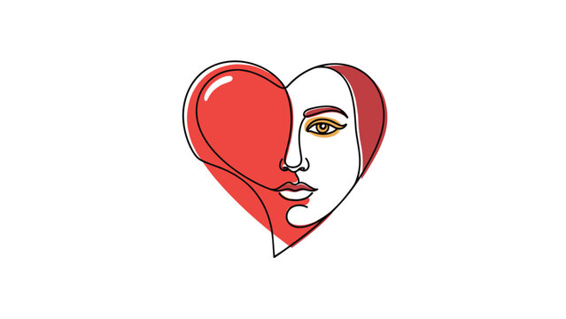 Creative one-line drawing of a heart shape merging with a female face profile colored with a red splash for love and beauty concepts.